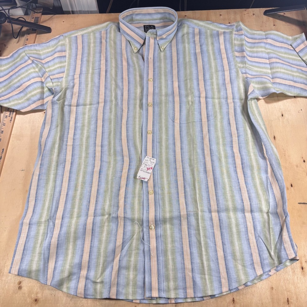Jos A Bank Mens XL 100% Linen Shirt Blue Green Stripe Short Sleeve NWT Button Up